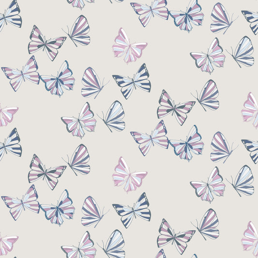 Pattern of pink and blue butterflies on a light background
