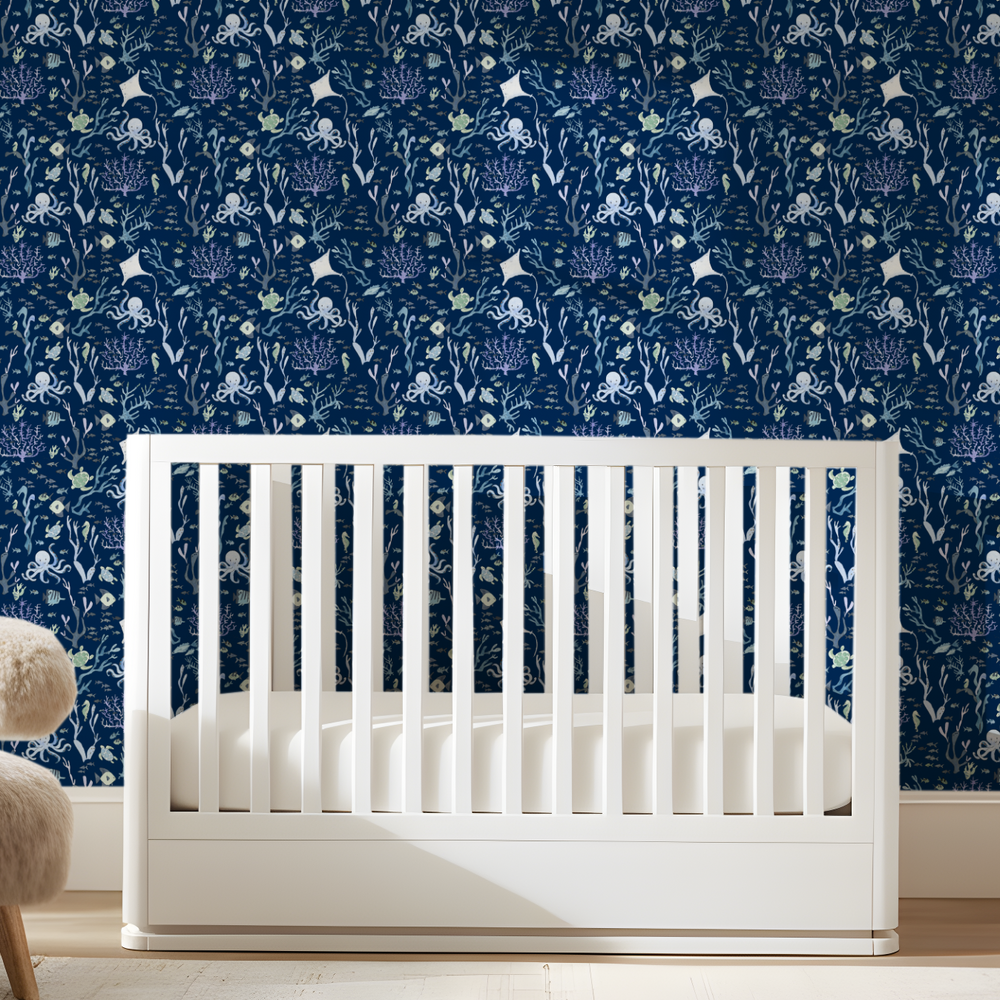 Coral Reef Wallpaper in Nautical Navy