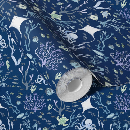 Coral Reef Wallpaper in Nautical Navy